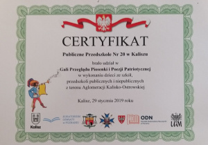 Certyfikat z Gali Przeglądu Piosenki i Poezji Patriotycznej